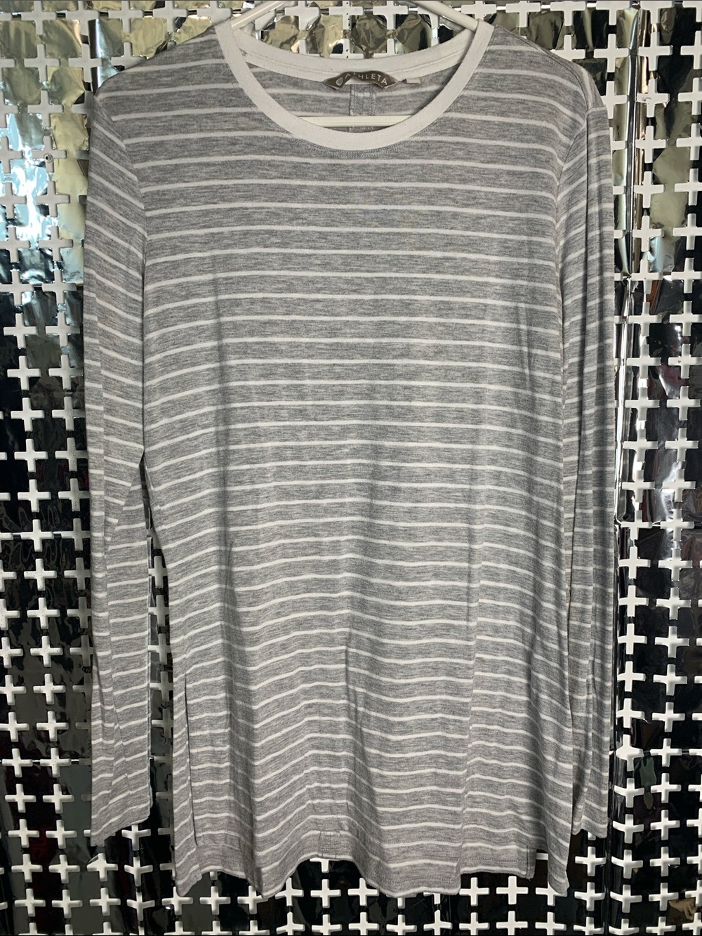 Athleta Gray and White Striped Long-Sleeve Tee